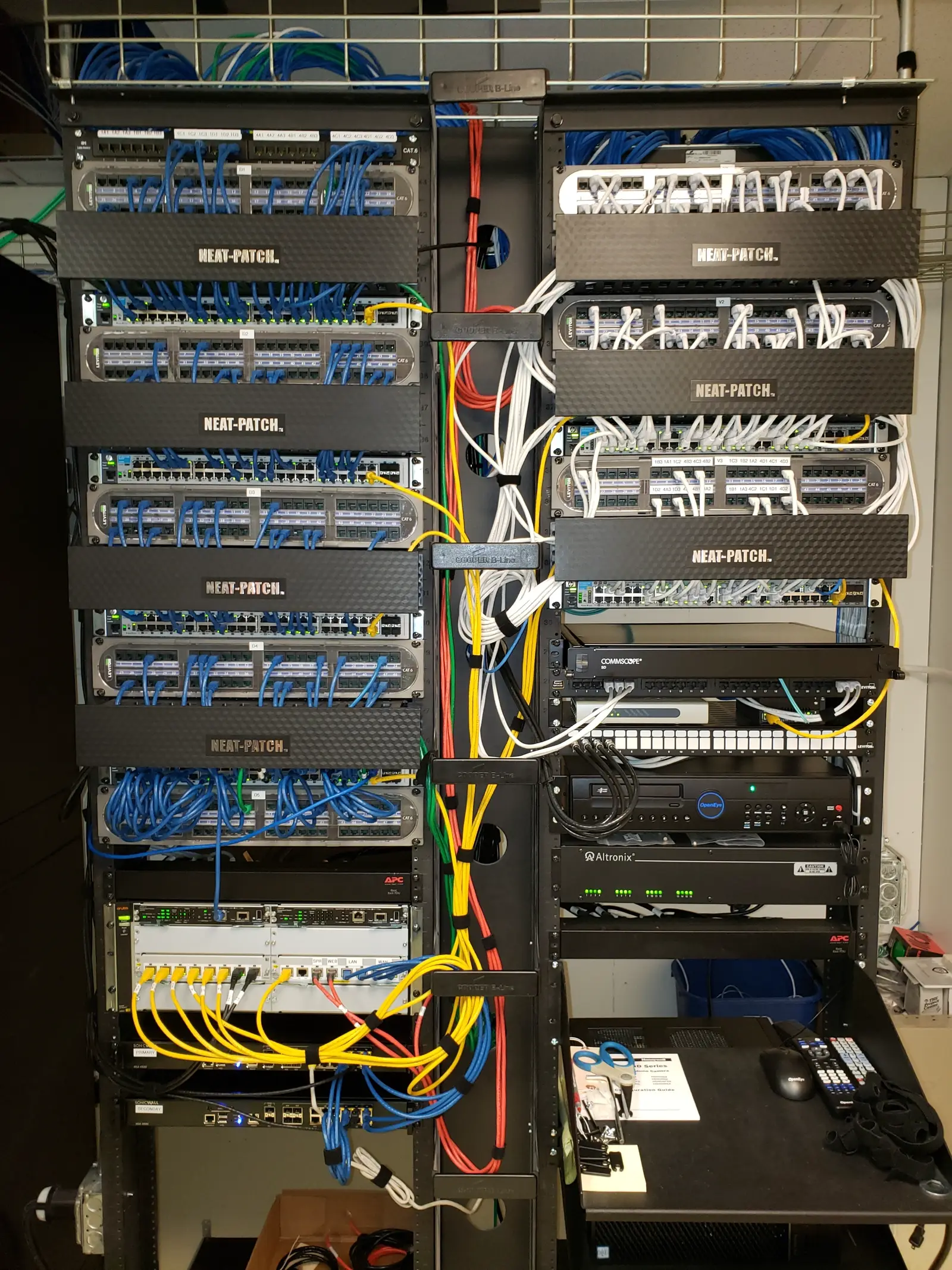 Organized network rack wiring with labeled patch panels and switches